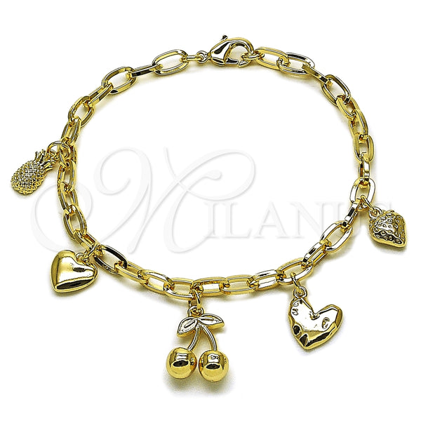 Oro Laminado Charm Bracelet, Gold Filled Style Cherry and Heart Design, Polished, Golden Finish, 04.63.1451.07 (Thickness, 8 Inches Length)