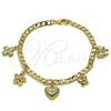Oro Laminado Charm Bracelet, Gold Filled Style Heart and Butterfly Design, Polished, Golden Finish, 03.63.2300.07 (Thickness, 8 Inches Length)