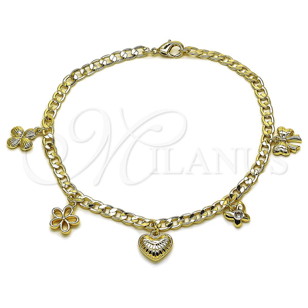 Oro Laminado Charm Anklet , Gold Filled Style Heart and Bow Design, Polished, Golden Finish, 03.63.2300.10