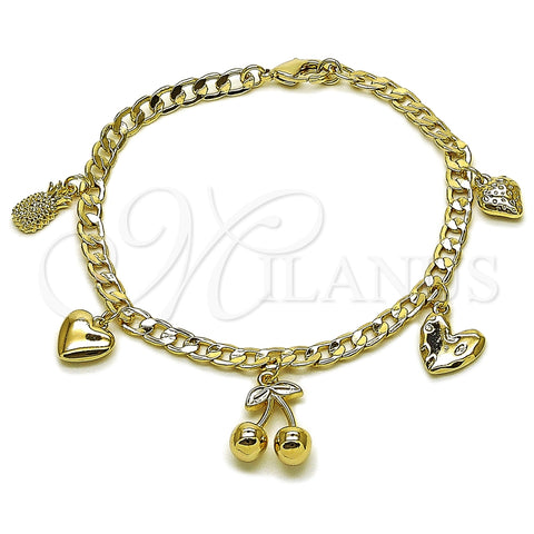 Oro Laminado Charm Bracelet, Gold Filled Style Cherry and Heart Design, Polished, Golden Finish, 03.63.2301.07