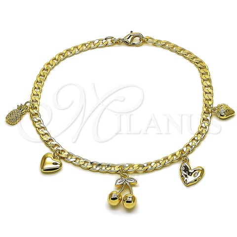 Oro Laminado Charm Anklet , Gold Filled Style Cherry and Heart Design, Polished, Golden Finish, 03.63.2301.10 (Thickness, 10 Inches Length)