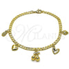Oro Laminado Charm Anklet , Gold Filled Style Cherry and Heart Design, Polished, Golden Finish, 03.63.2301.10 (Thickness, 10 Inches Length)