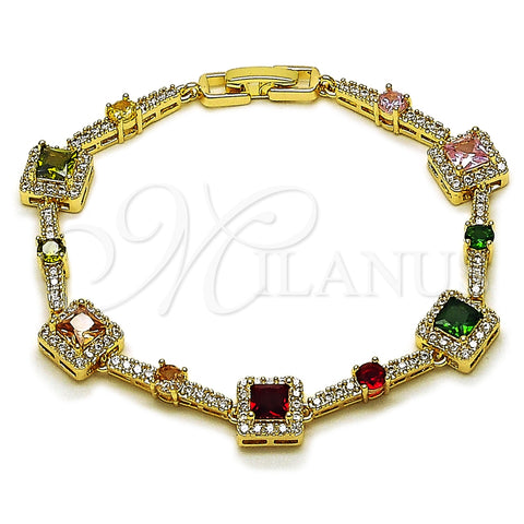 Oro Laminado Tennis Bracelet, Gold Filled Style Cluster Design, with Multicolor and White Cubic Zirconia, Polished, Golden Finish, 03.266.0054.07