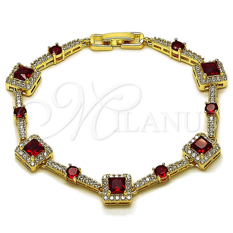 Oro Laminado Tennis Bracelet, Gold Filled Style Cluster Design, with Garnet and White Cubic Zirconia, Polished, Golden Finish, 03.266.0054.1.07