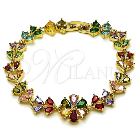 Oro Laminado Tennis Bracelet, Gold Filled Style Flower and Teardrop Design, with Multicolor Cubic Zirconia, Polished, Golden Finish, 03.266.0055.07 (Thickness, 8 Inches Length)
