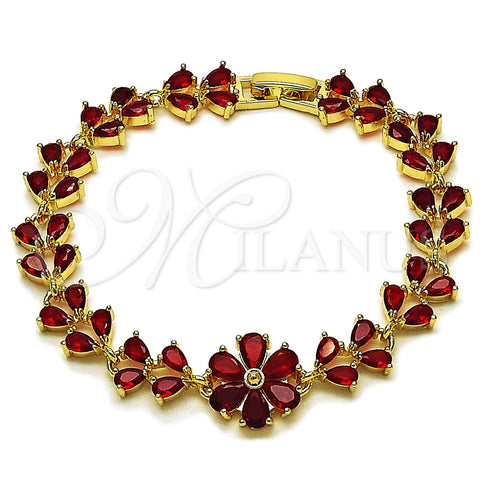 Oro Laminado Tennis Bracelet, Gold Filled Style Flower and Teardrop Design, with Garnet Cubic Zirconia, Polished, Golden Finish, 03.266.0055.1.07