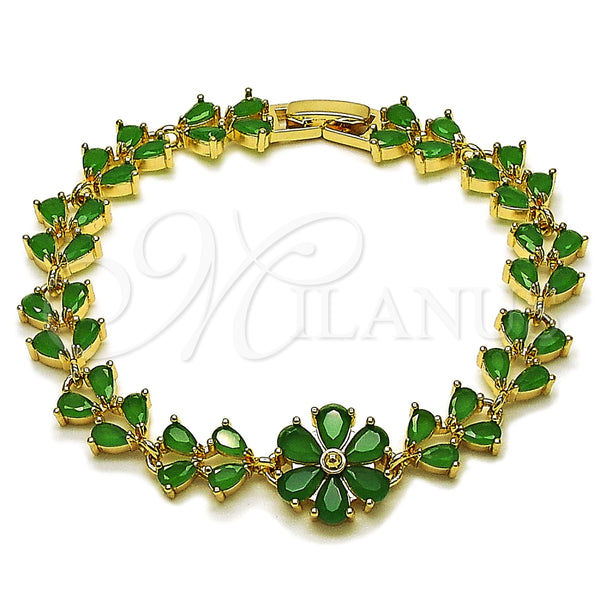 Oro Laminado Tennis Bracelet, Gold Filled Style Flower and Teardrop Design, with Green Cubic Zirconia, Polished, Golden Finish, 03.266.0055.2.07