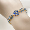 Oro Laminado Tennis Bracelet, Gold Filled Style Flower and Teardrop Design, with Sapphire Blue Cubic Zirconia, Polished, Golden Finish, 03.266.0055.3.07 (Thickness, 8 Inches Length)