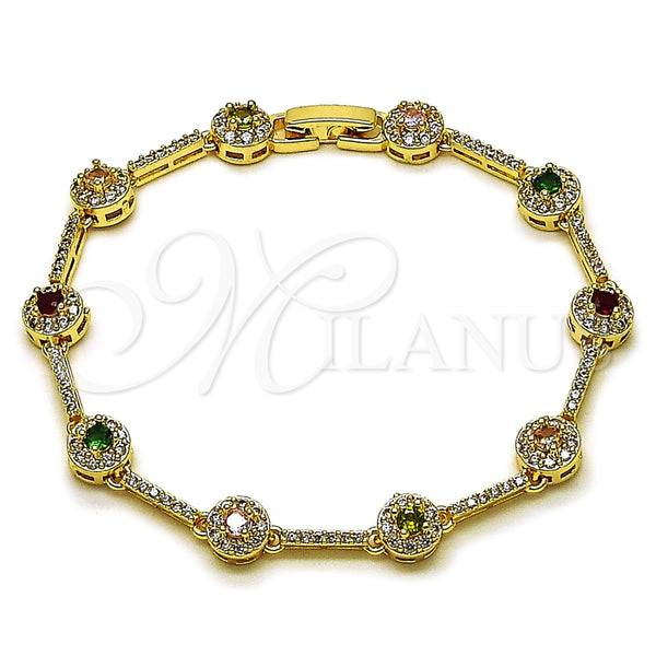 Oro Laminado Tennis Bracelet, Gold Filled Style Cluster Design, with Multicolor and White Cubic Zirconia, Polished, Golden Finish, 03.266.0057.07