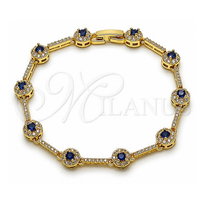 Oro Laminado Tennis Bracelet, Gold Filled Style Cluster Design, with Sapphire Blue and White Cubic Zirconia, Polished, Golden Finish, 03.266.0057.3.07 (07 MM Thickness, 8 Inches Length)