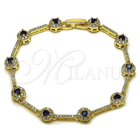 Oro Laminado Tennis Bracelet, Gold Filled Style Cluster Design, with Sapphire Blue and White Cubic Zirconia, Polished, Golden Finish, 03.266.0057.3.07 (07 MM Thickness, 8 Inches Length)