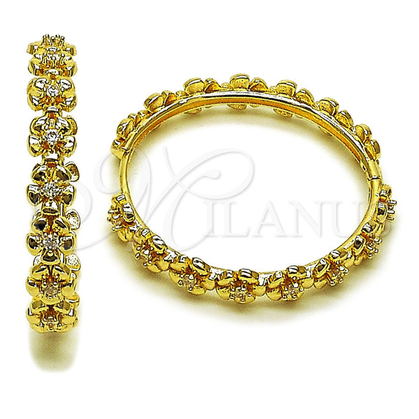 Gold Filled Hoop Earrings — Huggie Hoop Flower Design with White Cubic Zirconia — main product view — SKU 162408 | Oro Laminado aretes de aro — Huggie Hoop flor diseño with blanco Cubic Zirconia — SKU 162408