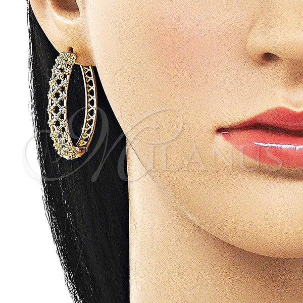Gold Filled Hoop Earrings — Huggie Hoop Filigree Design with White Cubic Zirconia — alternate product view — SKU 162411 | Oro Laminado aretes de aro — Huggie Hoop Filigree diseño with blanco Cubic Zirconia — SKU 162411