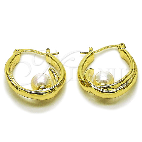 Oro Laminado Small Hoop, Gold Filled Style Ball Design, with Ivory Pearl, Polished, Golden Finish, 02.213.0847.22