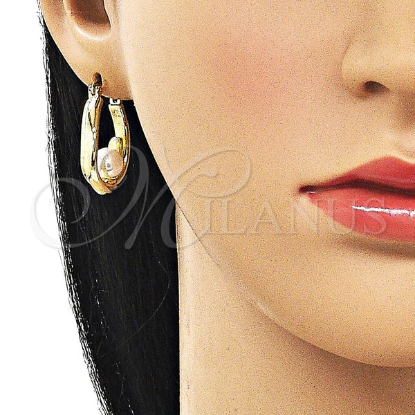 Gold Filled Hoop Earrings — Small Hoop Ball Design with Ivory Pearl Polished — alternate product view — SKU 162413 | Oro Laminado aretes de aro — aro pequeño Ball diseño with Ivory Pearl pulido — SKU 162413