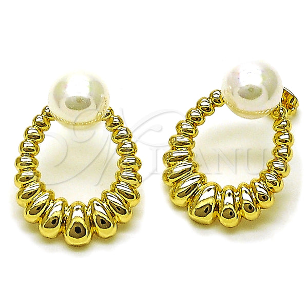Oro Laminado Stud Earring, Gold Filled Style Ball and Teardrop Design, with Ivory Pearl, Polished, Golden Finish, 02.213.0848