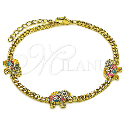 Oro Laminado Fancy Bracelet, Gold Filled Style Elephant and Miami Cuban Design, with White Micro Pave, Multicolor Enamel Finish, Golden Finish, 03.213.0404.07