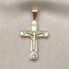 Oro Laminado Religious Pendant, Gold Filled Style Cross and Crucifix Design, with White Crystal, Polished, Golden Finish, 05.213.0180
