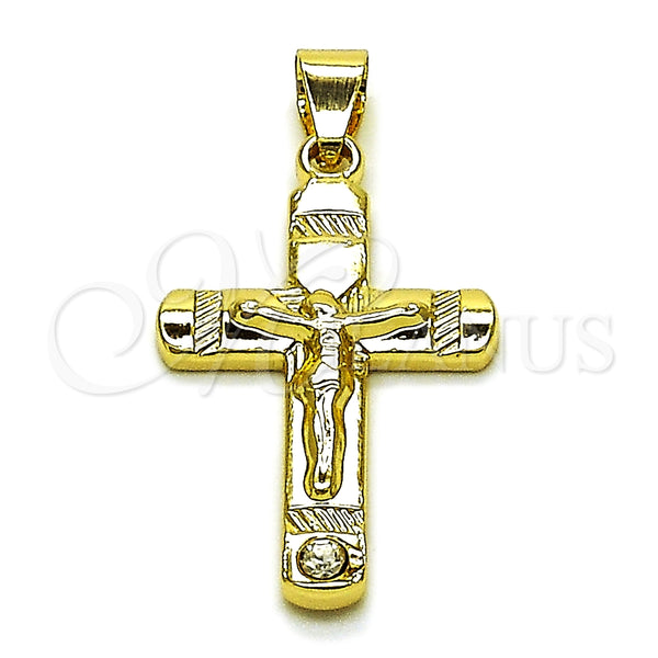 Oro Laminado Religious Pendant, Gold Filled Style Cross and Crucifix Design, with White Crystal, Polished, Golden Finish, 05.213.0180