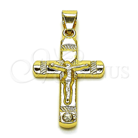 Oro Laminado Religious Pendant, Gold Filled Style Cross and Crucifix Design, with White Crystal, Polished, Golden Finish, 05.213.0180
