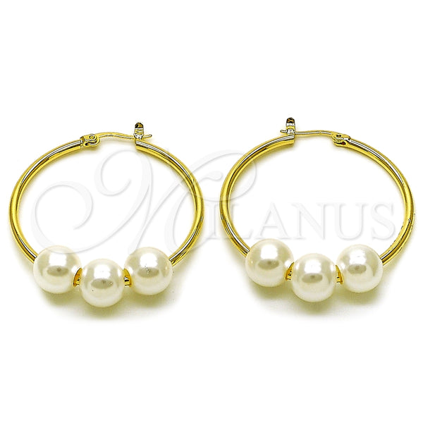 Oro Laminado Medium Hoop, Gold Filled Style Ball Design, with Ivory Pearl, Polished, Golden Finish, 02.213.0855.40