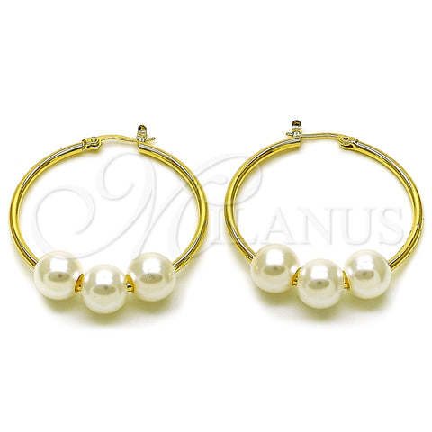 Oro Laminado Medium Hoop, Gold Filled Style Ball Design, with Ivory Pearl, Polished, Golden Finish, 02.213.0855.40