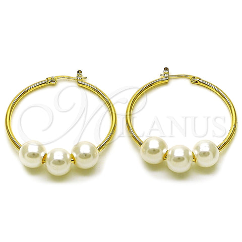 Oro Laminado Medium Hoop, Gold Filled Style Ball Design, with Ivory Pearl, Polished, Golden Finish, 02.213.0855.40