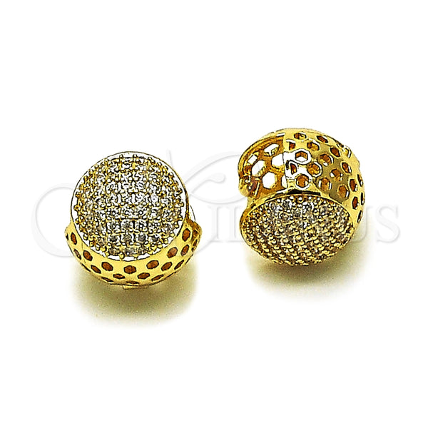 Oro Laminado Huggie Hoop, Gold Filled Style Ball and Filigree Design, with White Cubic Zirconia, Polished, Golden Finish, 02.283.0326.15