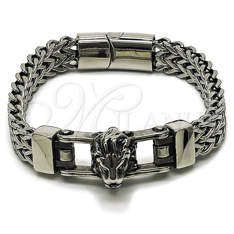 Stainless Steel Fancy Bracelet, Lion and Square Franco Design, Polished, Steel Finish, 03.439.0003.09 (Thickness, 9 Inches Length)