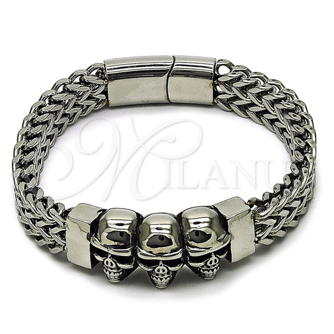 Stainless Steel Fancy Bracelet, Skull and Square Franco Design, Polished, Steel Finish, 03.439.0005.09