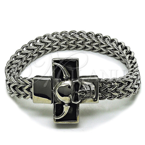 Stainless Steel Fancy Bracelet, Skull and Square Franco Design, Polished, Steel Finish, 03.439.0008.09 (12 MM Thickness, 9 Inches Length)