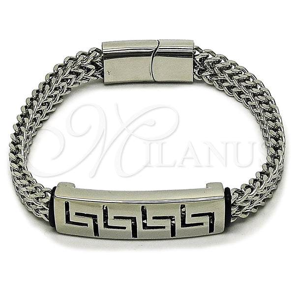 Stainless Steel Fancy Bracelet, Greek Key and Square Franco Design, Polished, Steel Finish, 03.439.0012.09