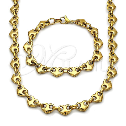 Stainless Steel Necklace and Bracelet, Heart Design, Polished, Golden Finish, 06.435.0006
