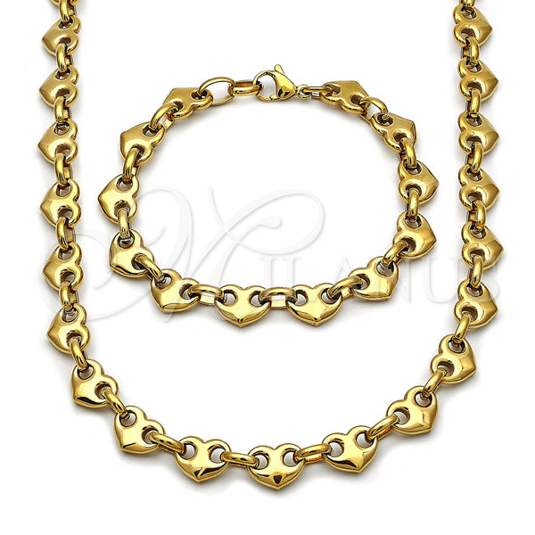 Stainless Steel Necklace and Bracelet, Heart Design, Polished, Golden Finish, 06.435.0006.18