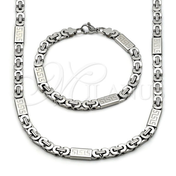 Stainless Steel Necklace and Bracelet, Greek Key Design, Polished, Steel Finish, 06.440.0001