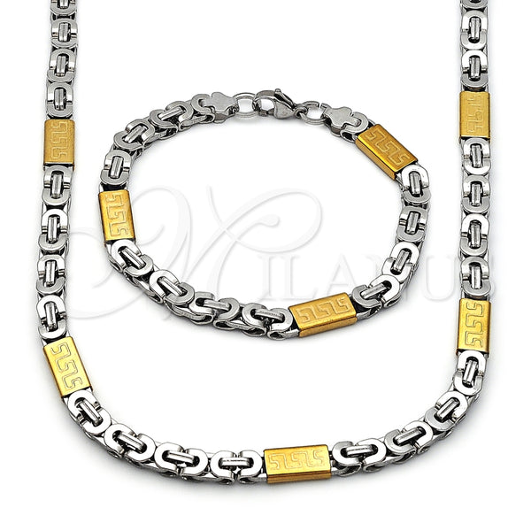 Stainless Steel Necklace and Bracelet, Greek Key Design, Polished, Two Tone, 06.440.0001.1
