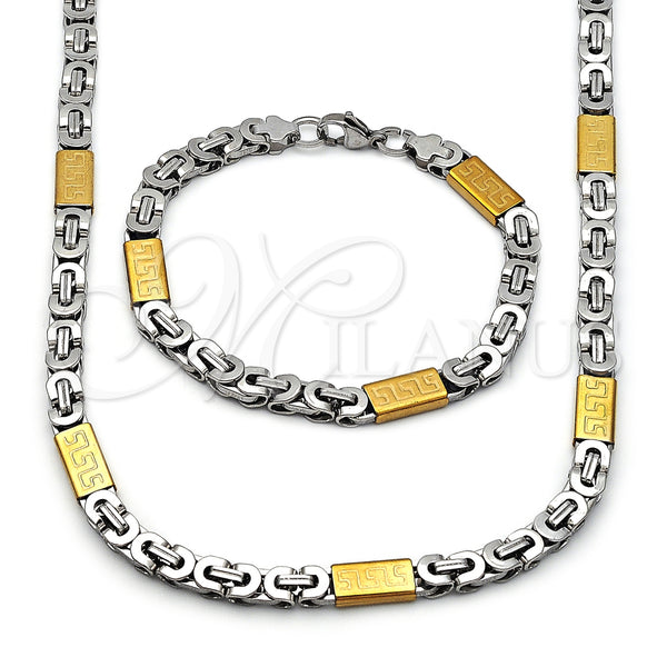 Stainless Steel Necklace and Bracelet, Greek Key Design, Polished, Two Tone, 06.440.0001.1
