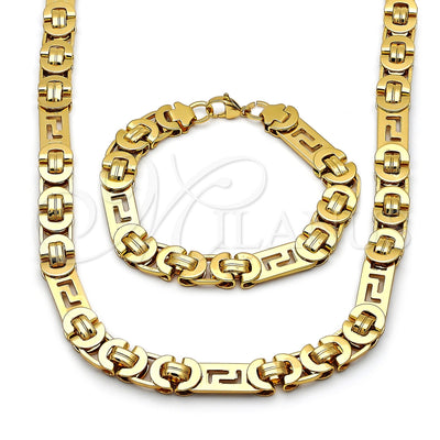 Stainless Steel Necklace and Bracelet, Greek Key Design, Polished, Golden Finish, 06.440.0003
