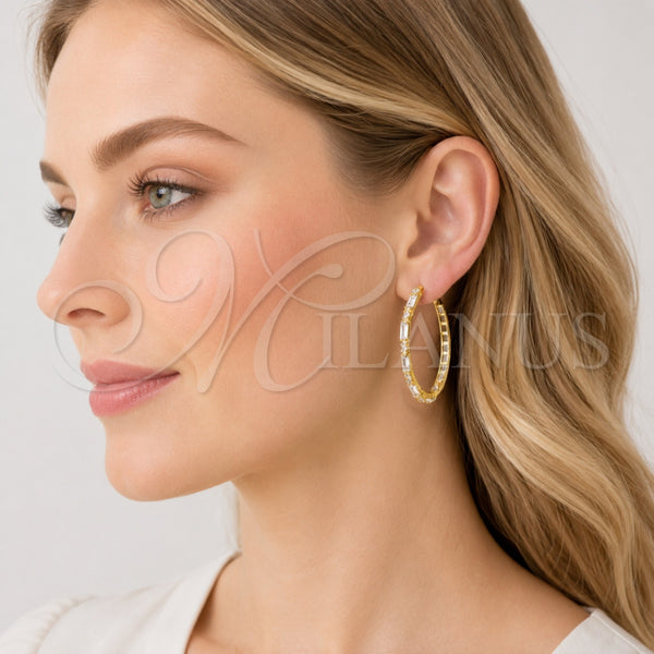 Gold Filled Hoop Earrings — Huggie Hoop Baguette Design with White Cubic Zirconia — alternate product view — SKU 162469 | Oro Laminado aretes de aro — Huggie Hoop Baguette diseño with blanco Cubic Zirconia — SKU 162469