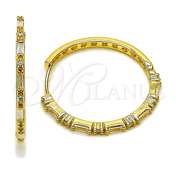 Gold Filled Hoop Earrings — Huggie Hoop Baguette Design with White Cubic Zirconia — main product view — SKU 162469 | Oro Laminado aretes de aro — Huggie Hoop Baguette diseño with blanco Cubic Zirconia — SKU 162469