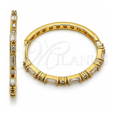 Oro Laminado Huggie Hoop, Gold Filled Style Baguette Design, with White Cubic Zirconia, Polished, Golden Finish, 02.204.0066.40
