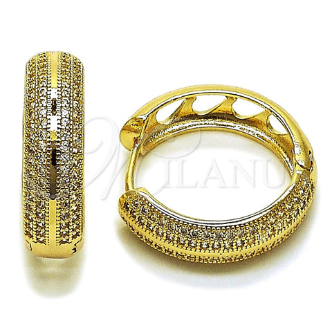 Oro Laminado Huggie Hoop, Gold Filled Style Heart Design, with White Micro Pave, Polished, Golden Finish, 02.204.0067.30