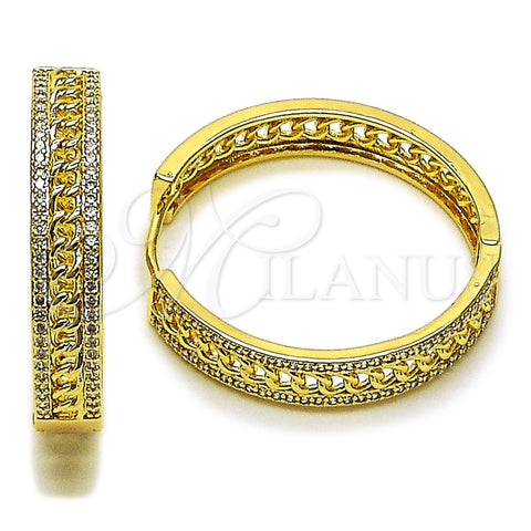 Oro Laminado Huggie Hoop, Gold Filled Style Miami Cuban Design, with White Cubic Zirconia, Polished, Golden Finish, 02.204.0069.35