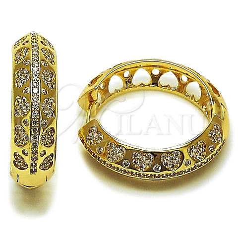 Oro Laminado Huggie Hoop, Gold Filled Style Heart Design, with White Cubic Zirconia, Polished, Golden Finish, 02.204.0070.30