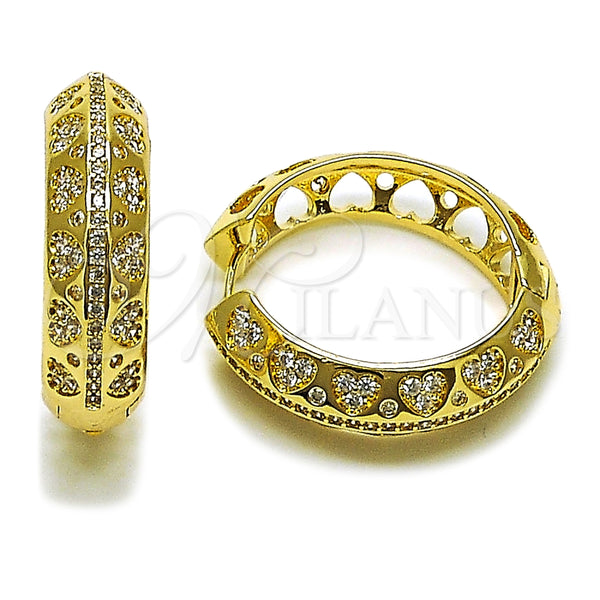 Gold Filled Hoop Earrings — Huggie Hoop Heart Design with White Cubic Zirconia — main product view — SKU 162473 | Oro Laminado aretes de aro — Huggie Hoop corazón diseño with blanco Cubic Zirconia — SKU 162473
