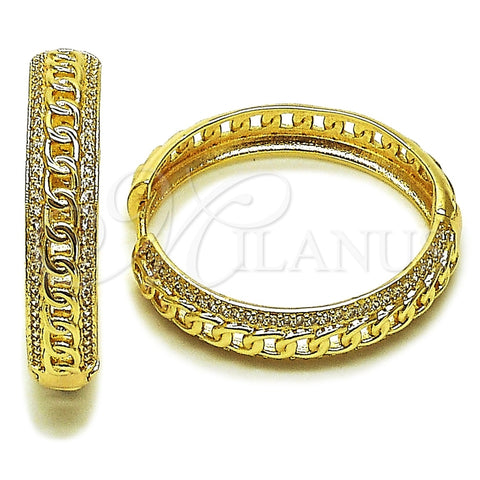 Oro Laminado Huggie Hoop, Gold Filled Style Miami Cuban Design, with White Micro Pave, Polished, Golden Finish, 02.204.0072.35