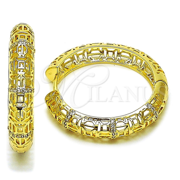 Oro Laminado Huggie Hoop, Gold Filled Style Filigree Design, with White Micro Pave, Polished, Golden Finish, 02.204.0073.35