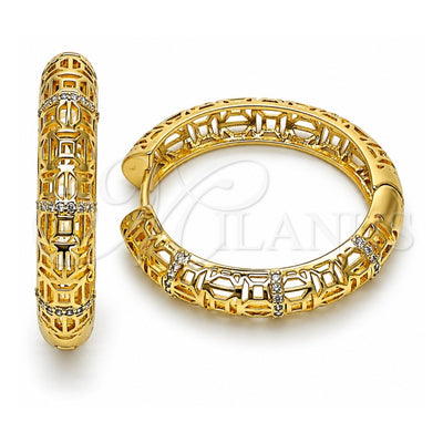 Oro Laminado Huggie Hoop, Gold Filled Style Filigree Design, with White Micro Pave, Polished, Golden Finish, 02.204.0073.35