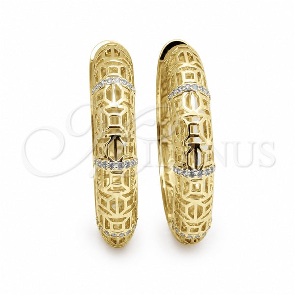 Oro Laminado Huggie Hoop, Gold Filled Style Filigree Design, with White Micro Pave, Polished, Golden Finish, 02.204.0073.35