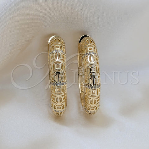 Oro Laminado Huggie Hoop, Gold Filled Style Filigree Design, with White Micro Pave, Polished, Golden Finish, 02.204.0073.35